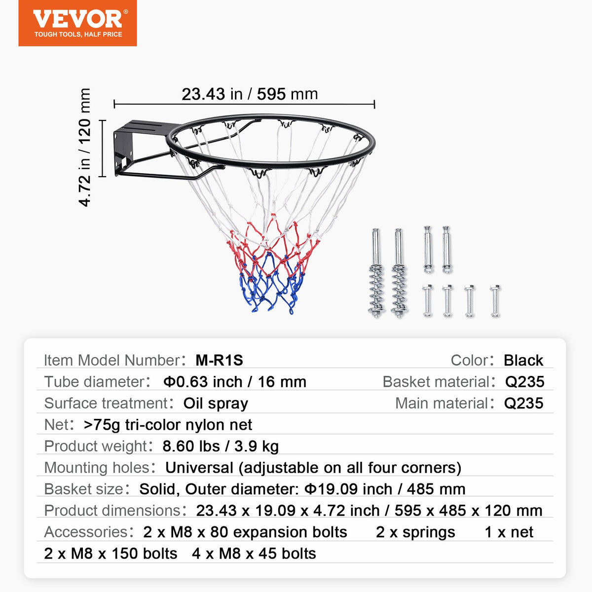 Basketkorg, väggdörrmonterad basketkorg, kraftig Q235 basketmål med flexkant och nät, standard 45 cm hängkorg för inomhusbruk och utomhusbruk, för barn och vuxna
