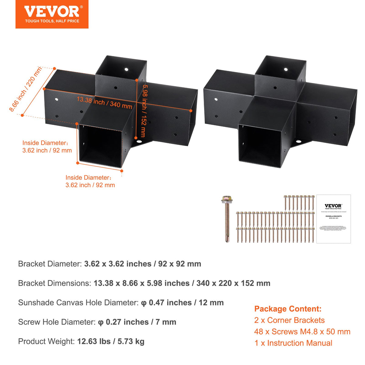Pergola Bracket Kit 10.2 cm x 10.2 cm, Inner Size 9.1 cm x 9.1 cm 2pcs 4-Way Heavy Duty Corner Bracket Woodworks DIY Post Base Kit, Easy Installation Wooden Beams for Gazebos, Patio Pergolas, Log Cabin Outdoor Pergola Hardware
