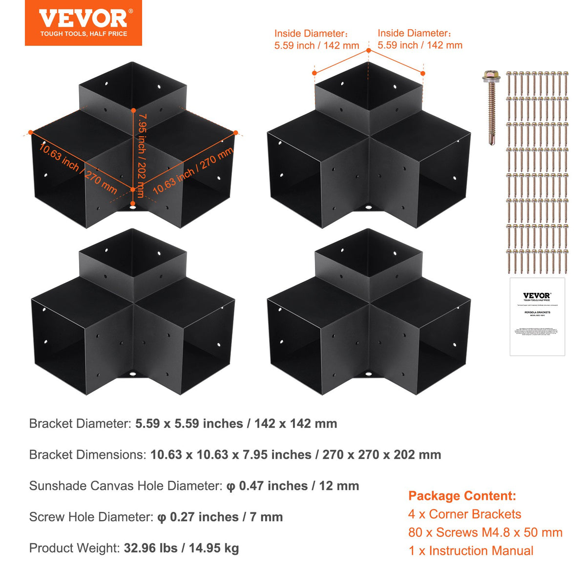 Pergolafästesats 6''x6'' (innermått 5,6x5,6), 4 st. 3-vägs kraftiga hörnfästen för träarbeten, gör-det-själv-stolpssats, enkel installation av träbjälkar för paviljonger, uteplatspergolor, timmerstuga utomhus