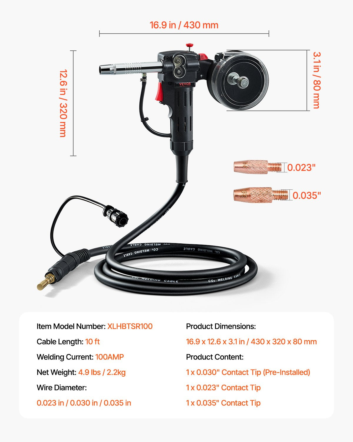 100A spolpistol med 10FT kabel, kompatibel med Hobart Handler 210 MVP Mig-svetsar, lämplig för 0,023", 0,030" och 0,035" flusstråd/solid/aluminiumsvetstråd