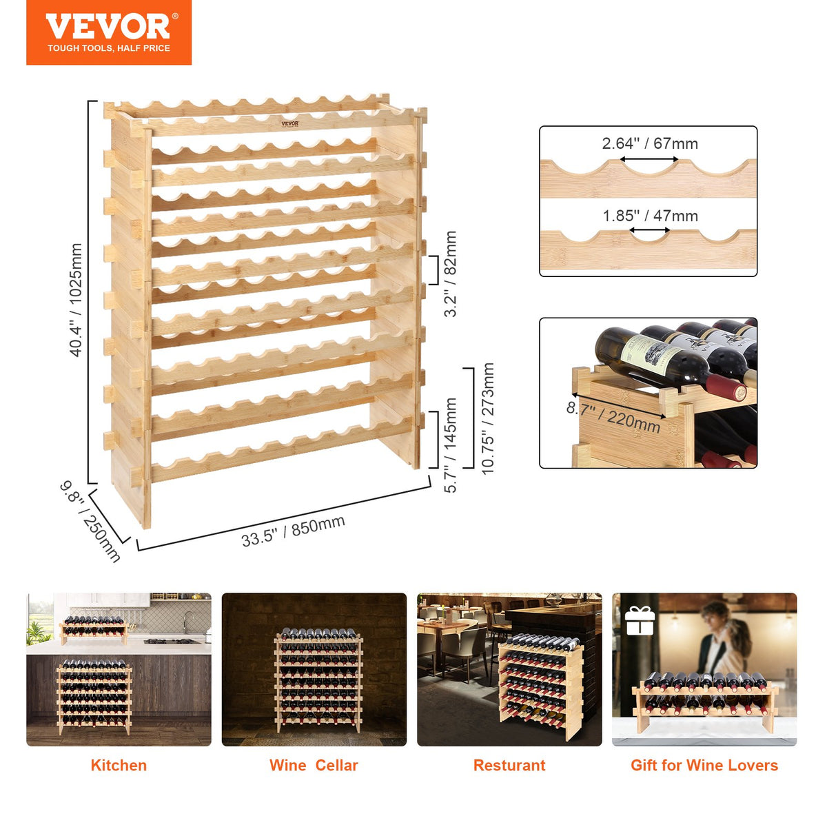 72 Bottle Stackable Modular Wine Rack Bamboo Wood Display Shelf 8-Tier