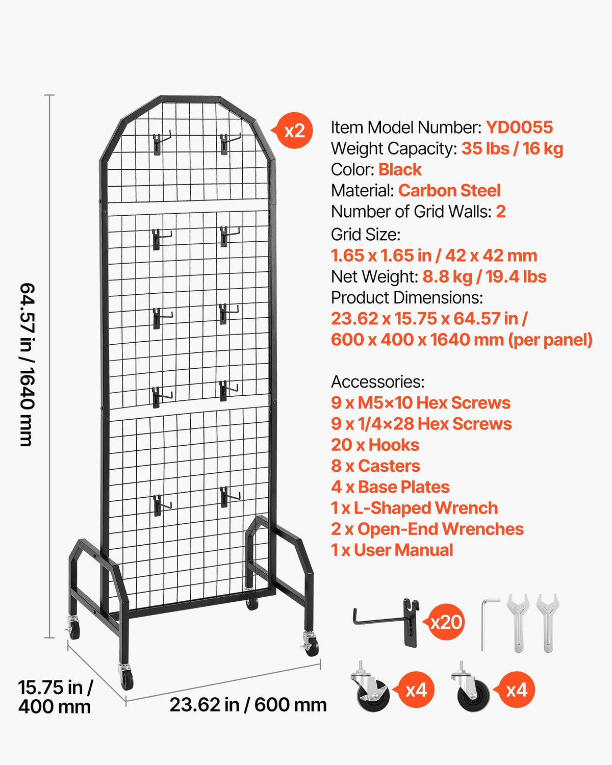 2 Packs Grid Wall Panels, 600 x 1640mm Wire Grid Panels Display Rack, Movable Art Display Shelf with Wheels and 20 Hooks, Black Carbon Steel Gridwall for Craft Show, Decor, Storage, Notice Board