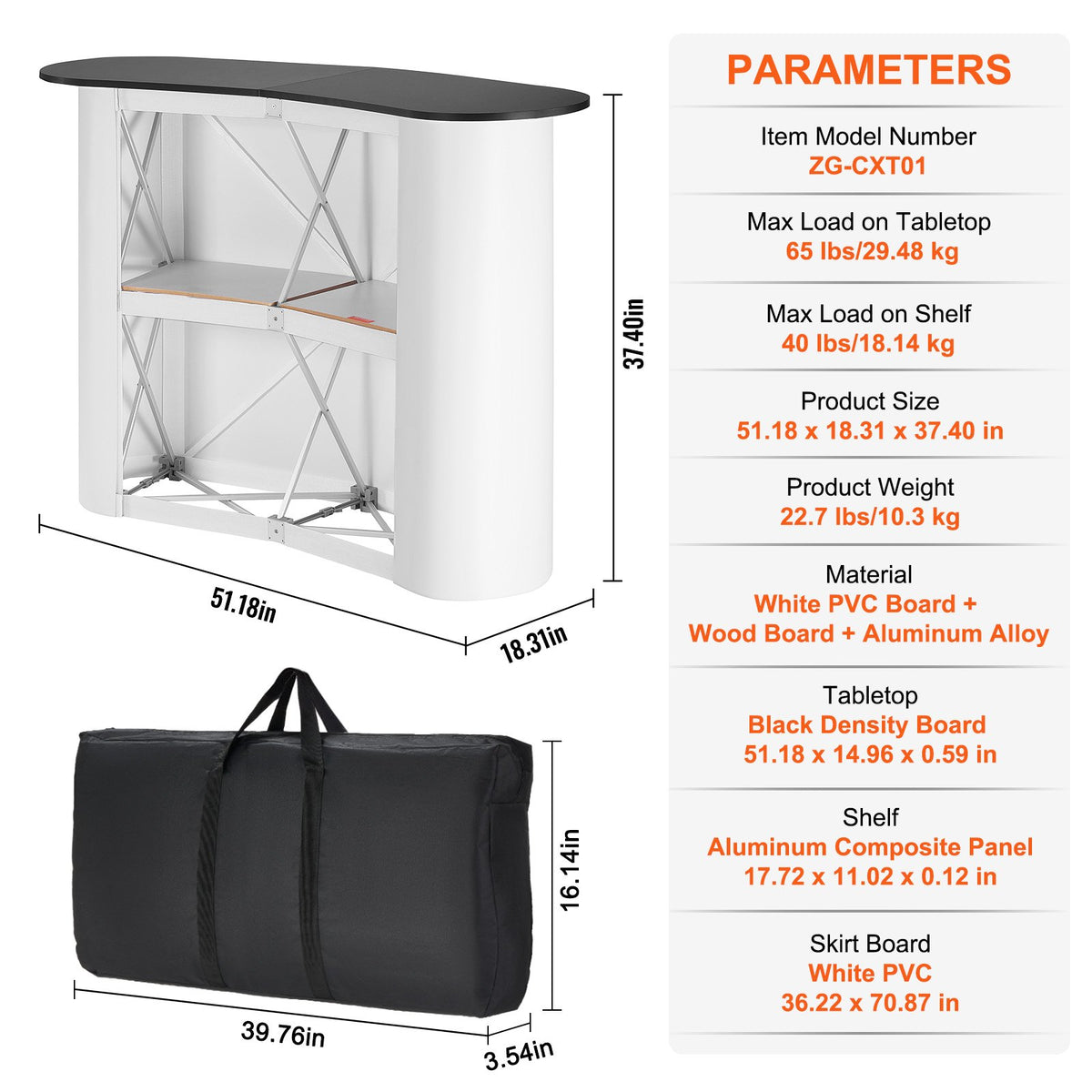 Bärbart mässbord, 130 × 46,5 × 95 cm, displaymonter för mässdisk med vägg, hopfällbart reklambord för detaljhandel, popup-podium med förvaringsställ, bärväska