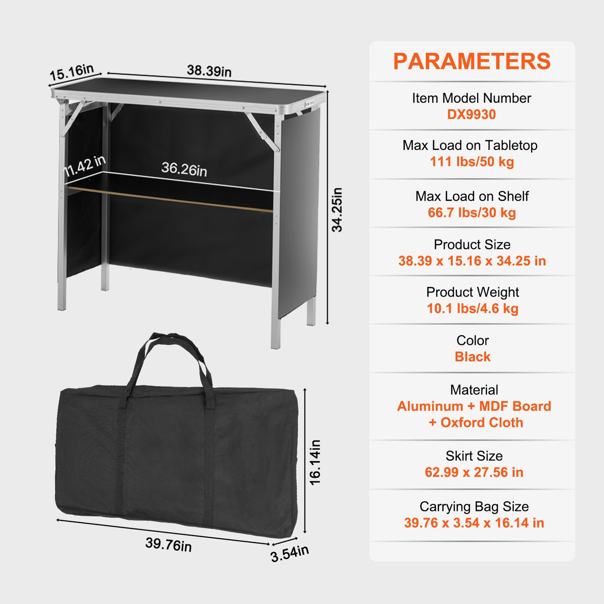 Bärbart mässbord, 97,5 × 38,5 × 87 cm, displaymonter för mässdisk med vägg, hopfällbart reklambord för detaljhandeln, barbord med förvaringsställ och bärväska