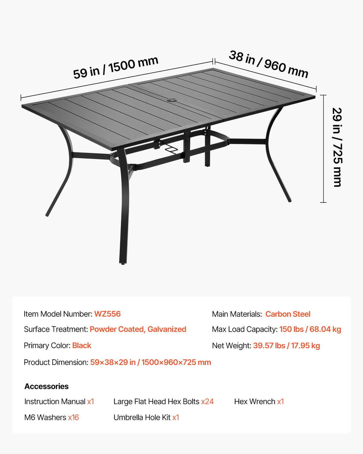 Outdoor Patio Dining Table, 150cm Long Rectangular Metal Steel Slat Backyard Bistro Tables for 4-6, with 38mm Umbrella Hole, All-Weather Large Furniture for Lawn Garden Porch, Black