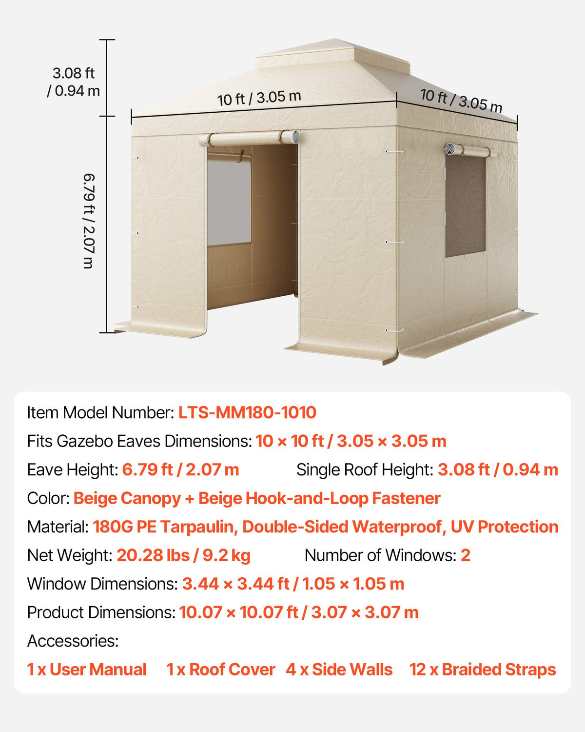 Winter Gazebo Cover Fits 3.05 x 3.05 m Hardtop Gazebos, All-Weather Double-Tiered Gazebo Cover with Sidewalls & Windows, High-Density PE Enclosed Storage Shelter Covers, Gazebos not Included