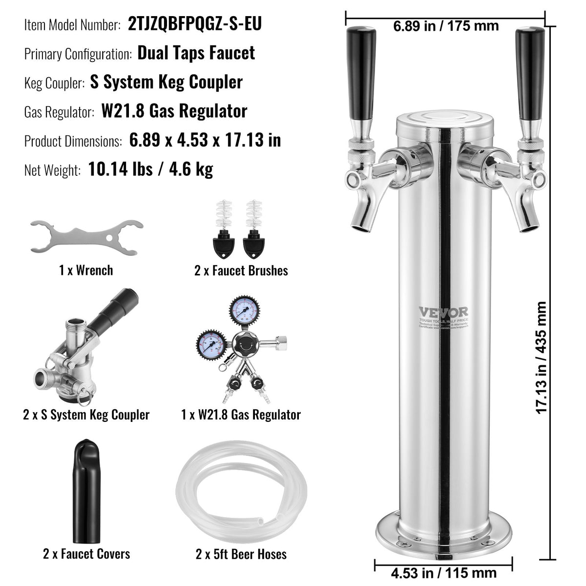 Kegerator Tower Kit, ölkonverteringskit med dubbla kranar, öltornsdispenser i rostfritt stål med dubbel mätare, W21.8-regulator och S-System-fatkoppling för fester och hem