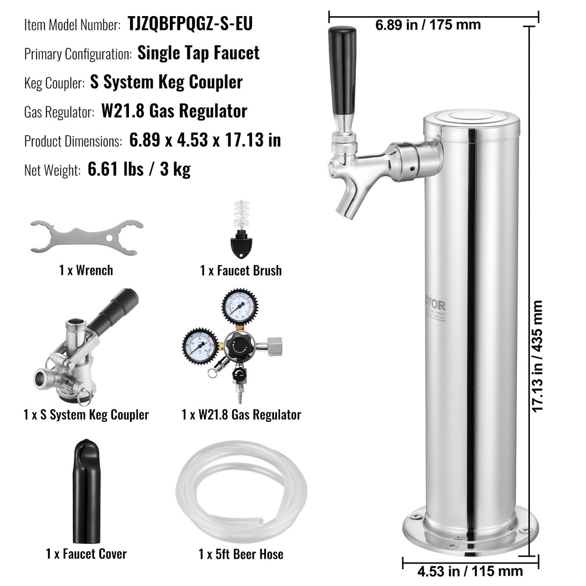 Kegerator Tower Kit, konverteringskit för öl med en tapp, öltornsdispenser i rostfritt stål med dubbel mätare, W21.8-regulator och S-System-fatkoppling för fester och hem