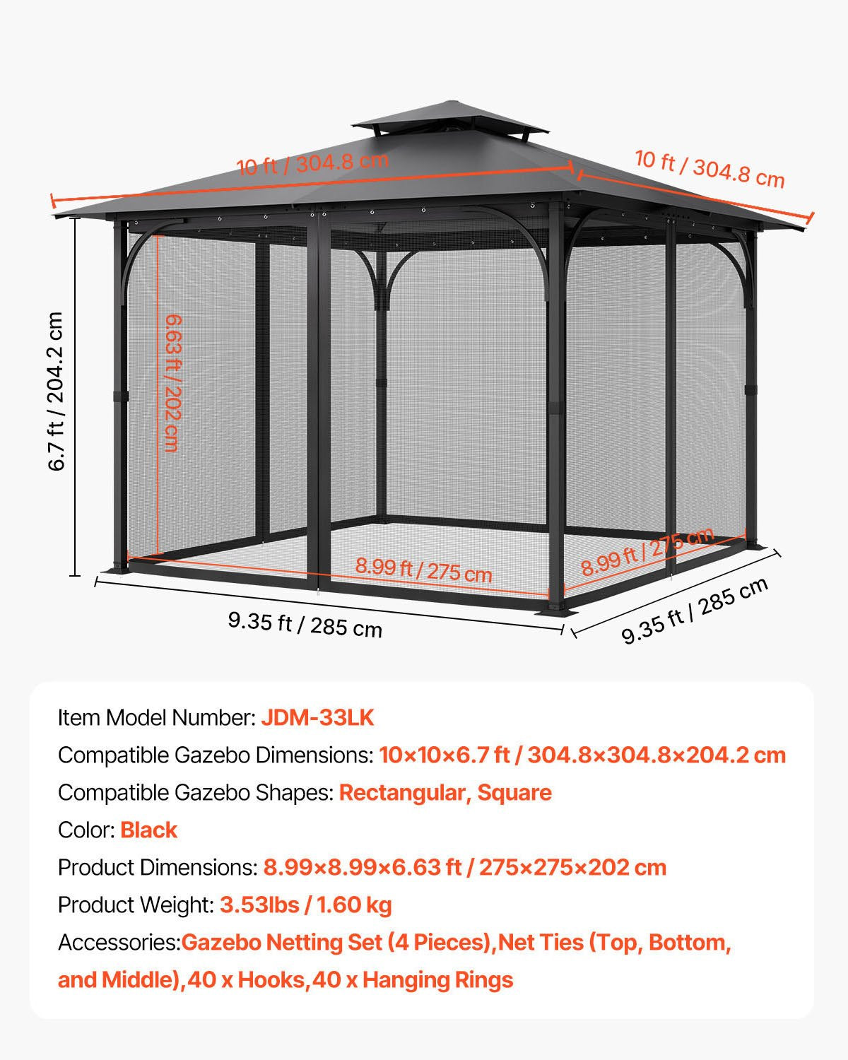 Gazebo Netting Replacement, Fit Most 10 x 10 x 6.7 FT Gazebo Curtain, Outdoor Garden Net, 4-Panel Sidewall Mesh Net, Patio Midge Nettings with Double Zipper, Canopy Screen (Netting Only)