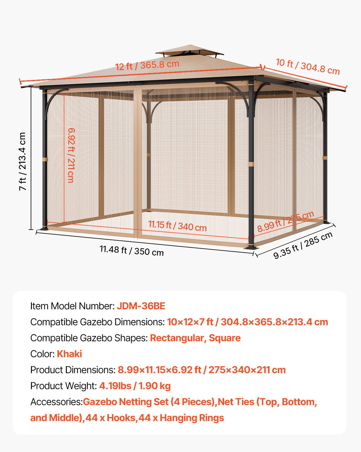 Nät för paviljonger, passar de flesta 10 x 12 x 7 fot paviljonggardiner, trädgårdsnät med 4 paneler på sidoväggarna, myggnät för uteplatser med dubbel dragkedja, skärm för tak (endast nät)
