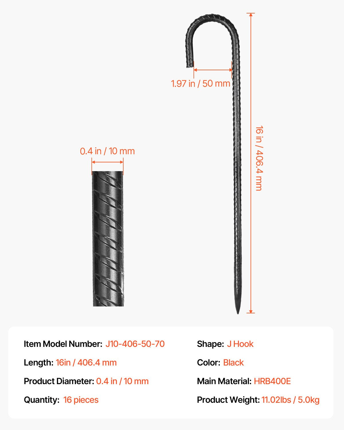 Armeringsstöttor, 406,4 mm / 16 tum, kraftiga J-krokar med 0,4 tums diameter, jordankare i galvaniserat stål med mejselspets och rostbeständig beläggning, för trädgårdsstöd, staket, campingtält (16-pack)