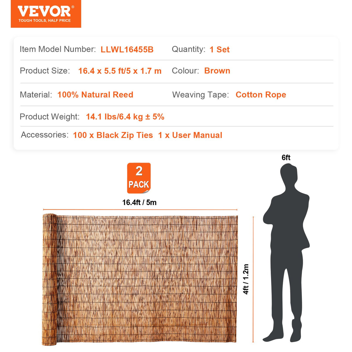 Natural Reed Fencing, 4 ft x 16.4 ft, 2 Pack Reed Screen Curtain Balcony Reed Fence Roll for Outdoor Backyard Patio, Decorative Fence for Backyard Garden Fencing Divider, Privacy Panel, Brown
