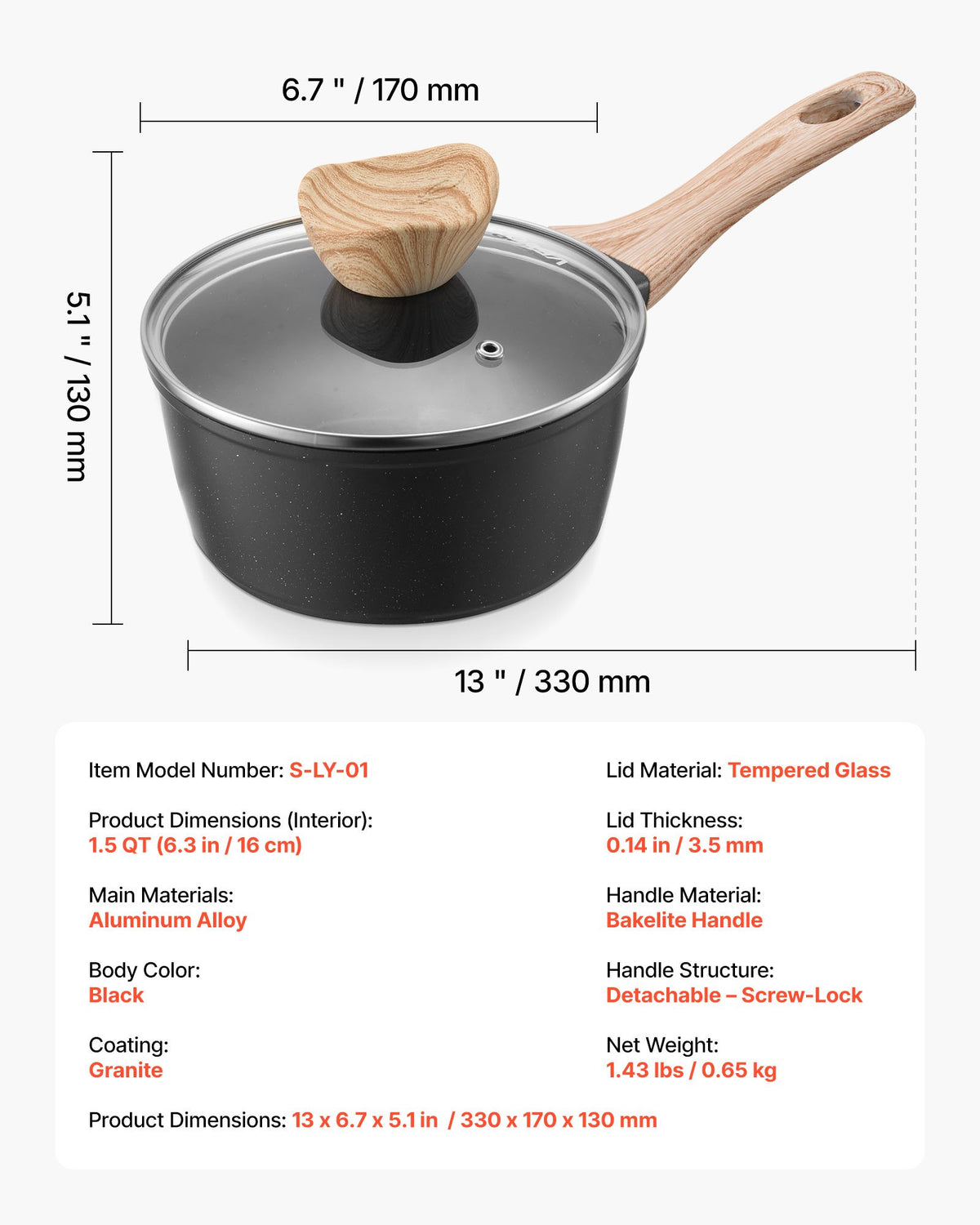1,5 qt kastrull, nonstick-kastrull med härdat glaslock, mångsidig såsgryta med avtagbart handtag, kastrull för liten köksgryta med beläggning, induktionskompatibel, svart