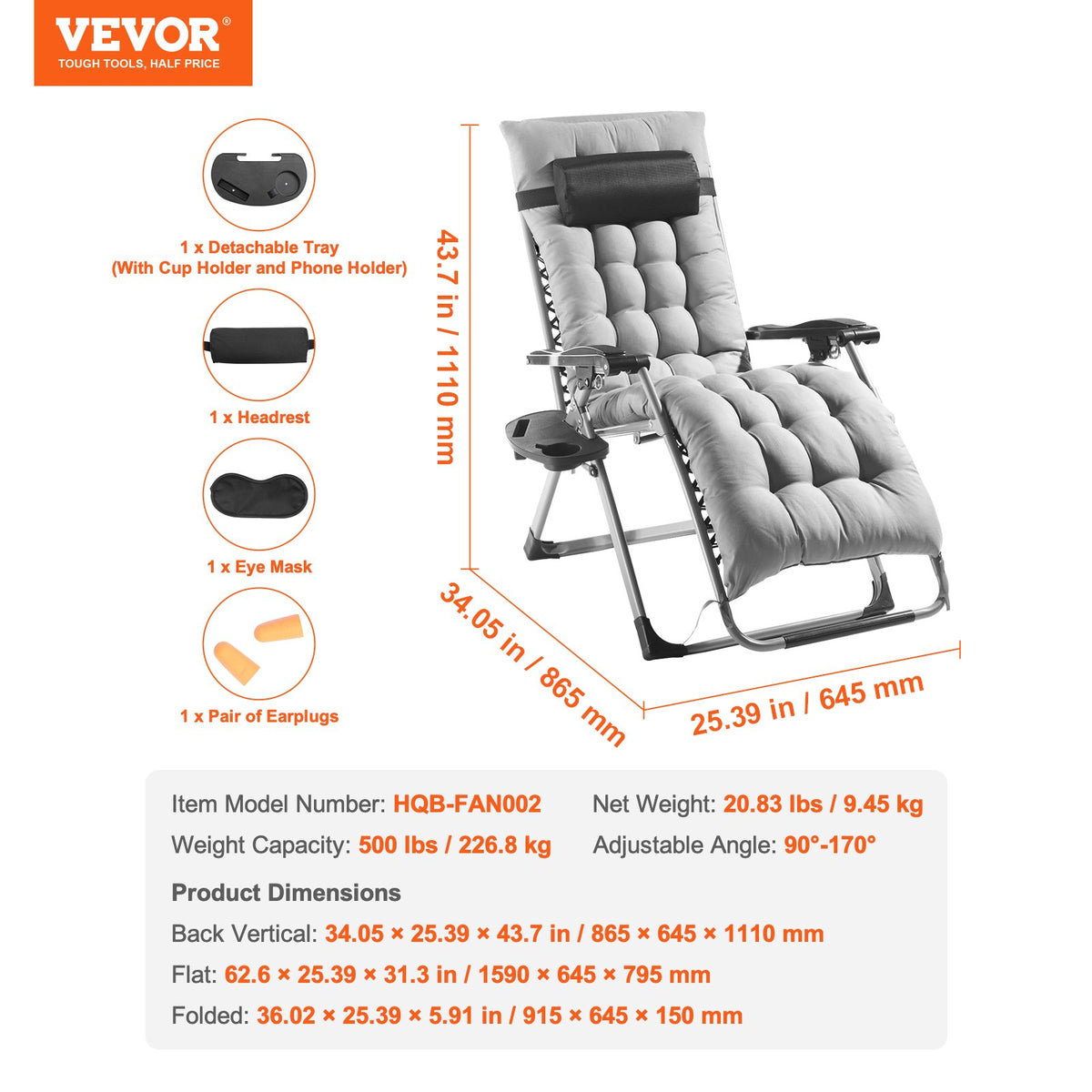 Zero Gravity-stol, 26 tums zero gravity-fåtölj för inomhus- och utomhusbruk, justerbar antigravity-fåtölj med kudde, nackstöd, fotstöd och mugghållare, 500 lbs, grå