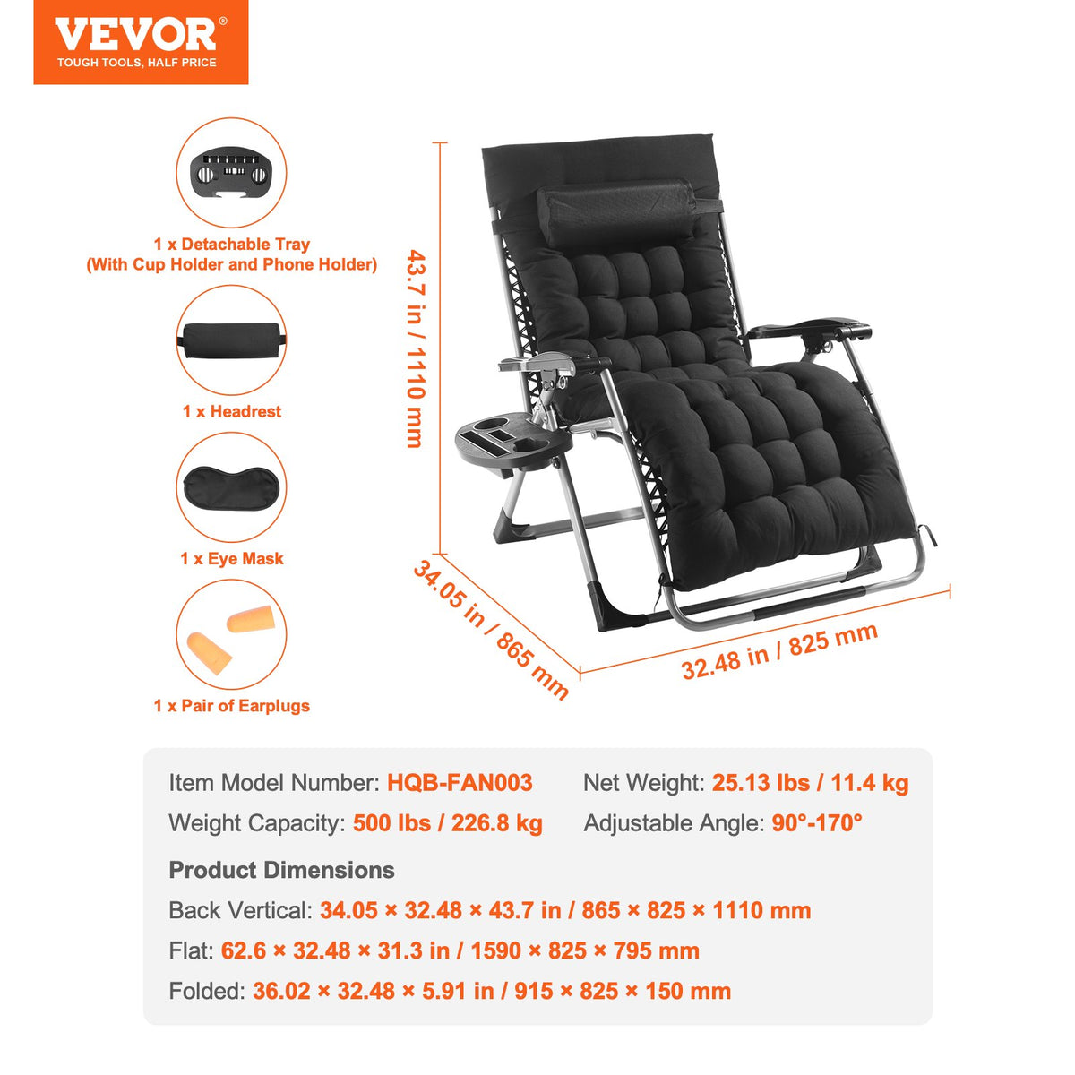 Zero Gravity-fåtölj, 33 tums zero gravity-fåtölj för inomhus- och utomhusbruk, justerbar antigravitationsfåtölj med kudde, nackstöd, fotstöd och mugghållare, 500 lbs, svart