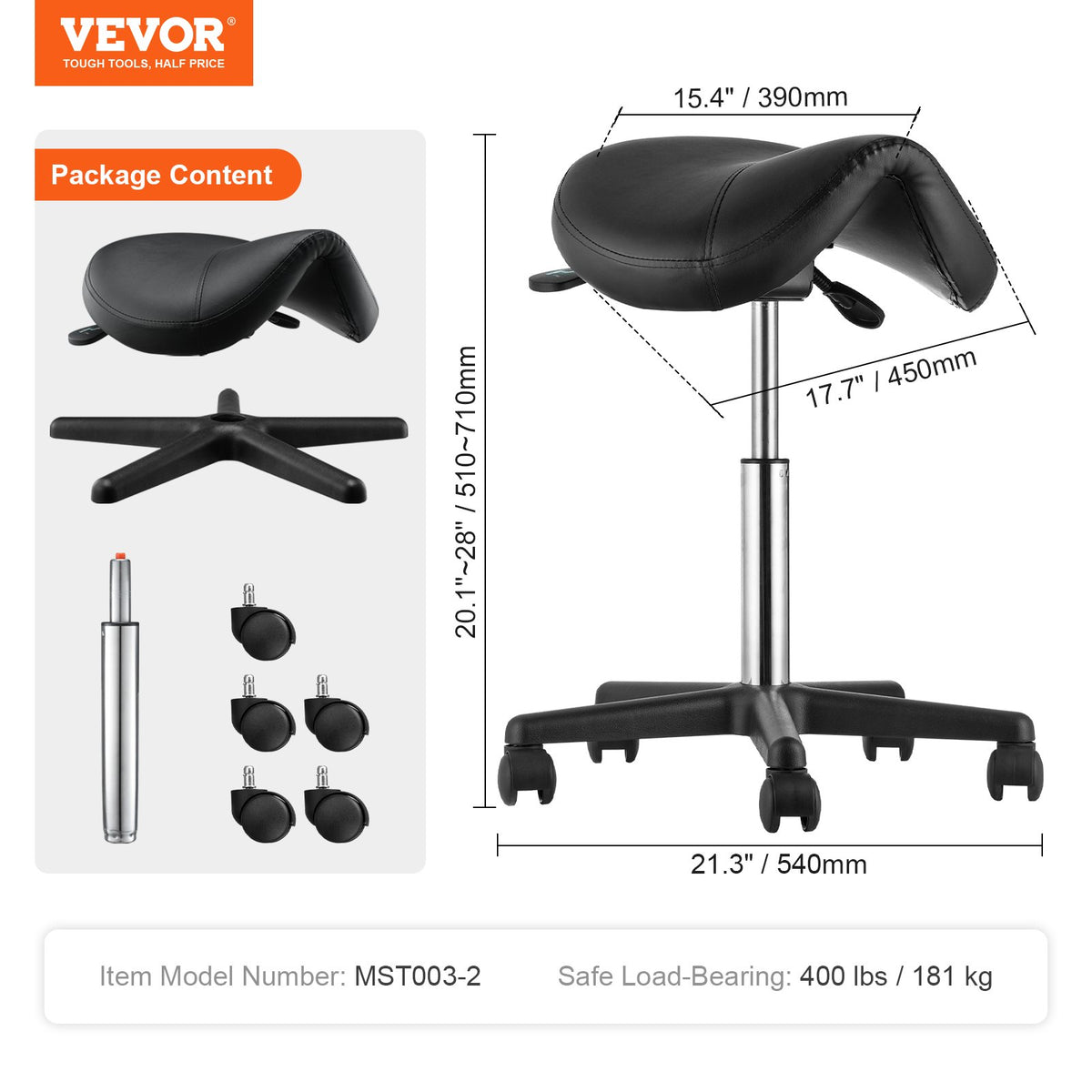 Saddle Stool with Wheels, 181.4 kg Weight Capacity Ergonomic Rolling Saddle Stool, Height Adjustable Thickened PU Leather Swivel Saddle Stools Chair for Salon, Spa, Tattoo, Clinic, Black