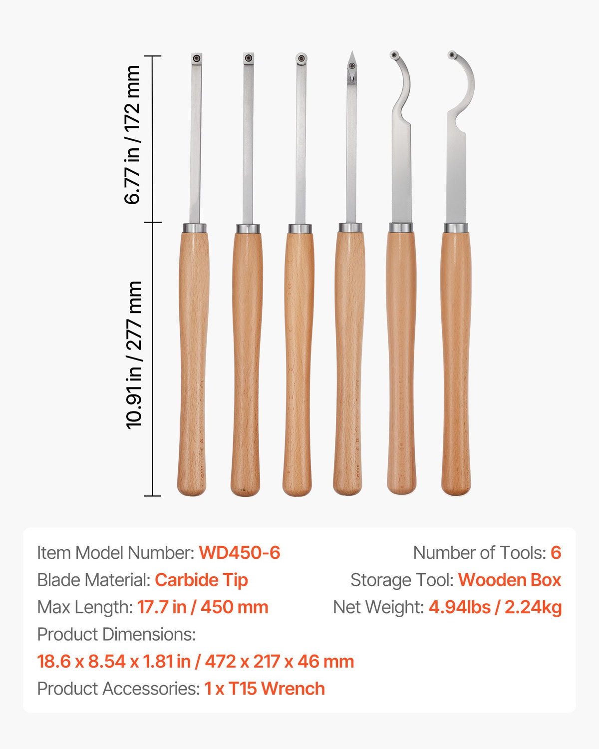 Wood Lathe Turning Tool Set, 6PCS, Lathe Roughing, Finishing, Detailing Hollow Tool with Wooden Handle, Diamond Round Square Carbide Inserts, Wooden Box, for Beginners, Hobbyists, Professionals