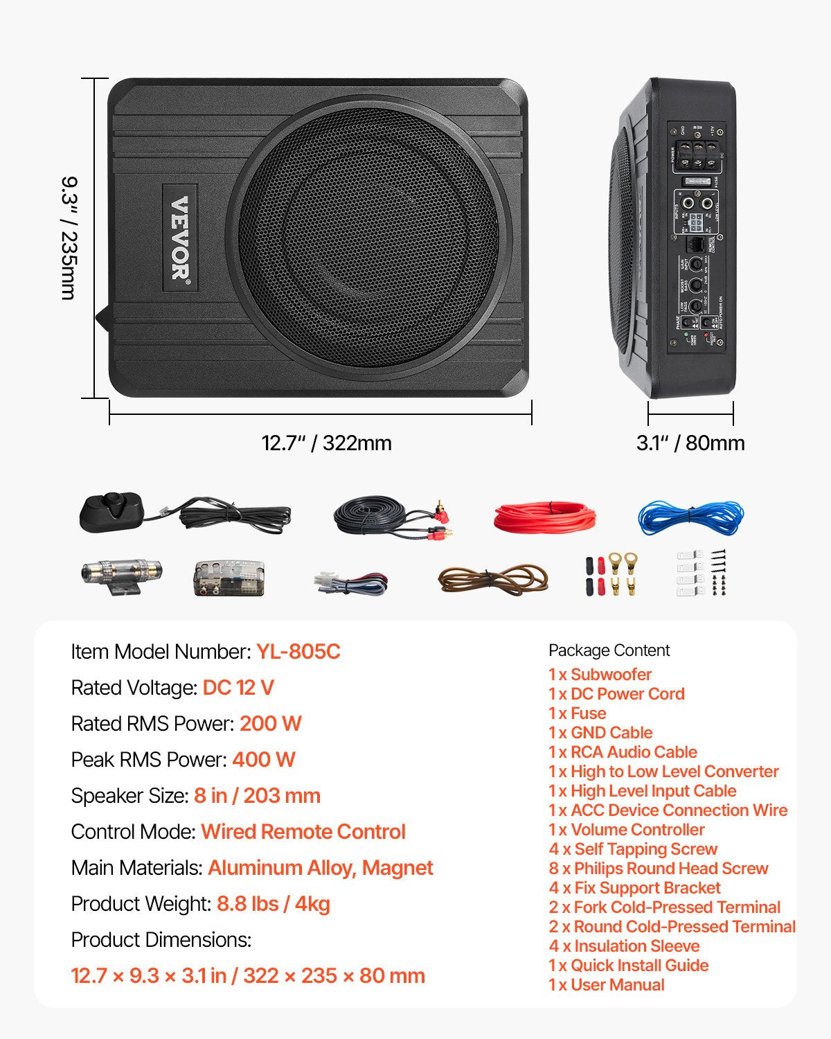 8" 400W subwoofer för undersätet, smala, drivna subwoofers för bil under sätet, inbyggd lågprofilsubwooferförstärkare, hög-/lågnivåingång och volymkontroll för stadsjeepar, bil, lastbil, husbil