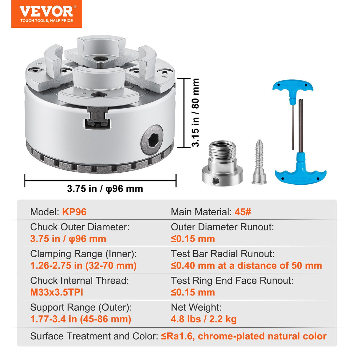 KP96 Lathe Chuck, 4-Jaw 9.5 cm Diameter, Metal Lathe Chuck Turning Machine Accessories, Self-centering Tool, for Lathe, Precision Machining, Grinding Machines, Milling Machines