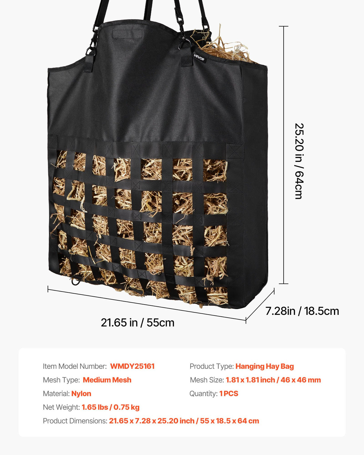 Hay Bag for Horses, 55 x 18.5 x 64 cm, 46 x 46 mm Holes, Premium Nylon Construction with PVC Waterproof Coating, Adjustable Hanging Straps and Metal Hooks, Slow Feed Hay Bag for Horses