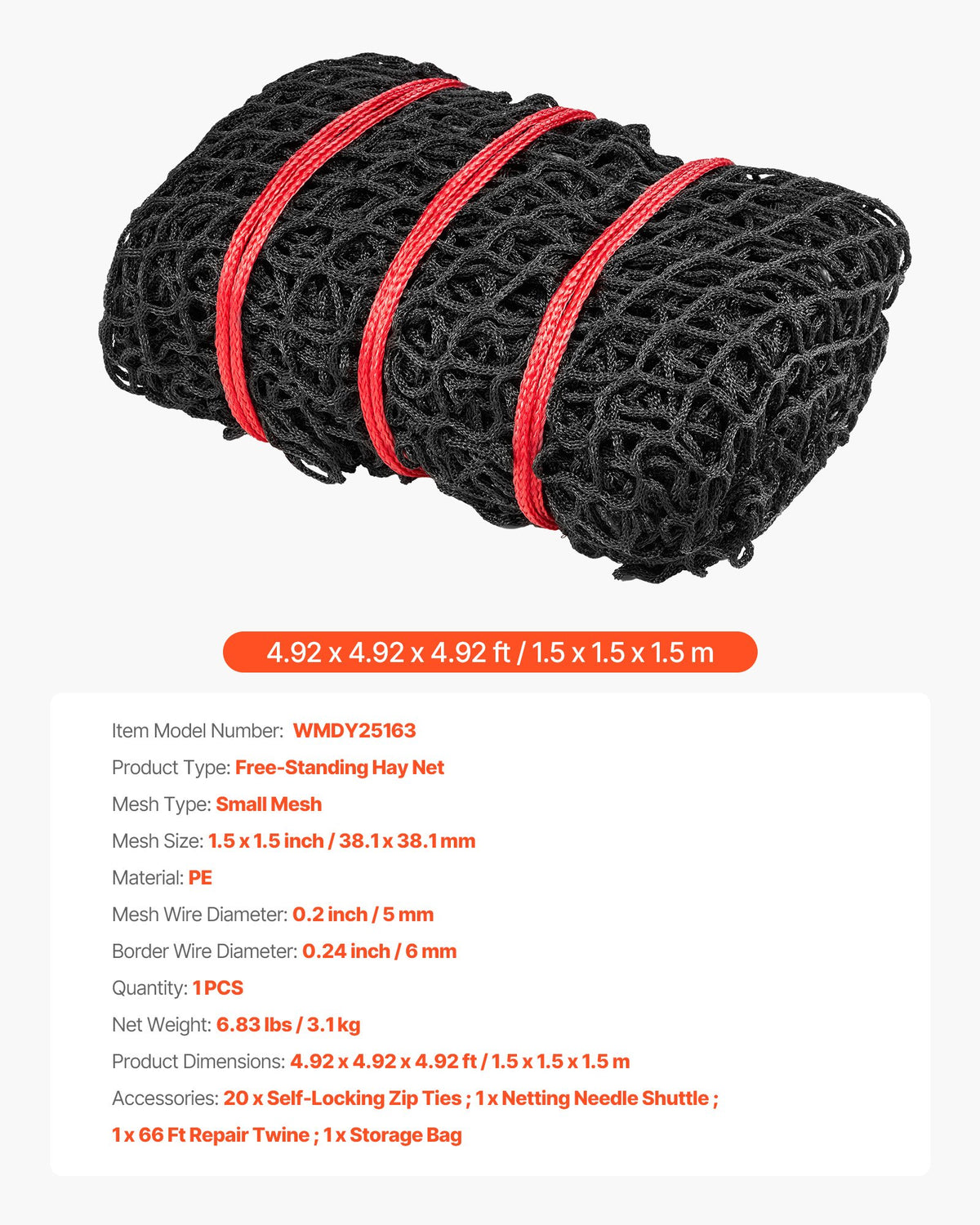 Round Bale Hay Net, 1.5 x 1.5 x 1.5 m, 38.1 x 38.1 mm Holes, PE Material, Knotless Design, with Zip Ties, Needle Shuttle, Repair Twine and Storage Bag, Slow Feeder Round Bale Net for Horses