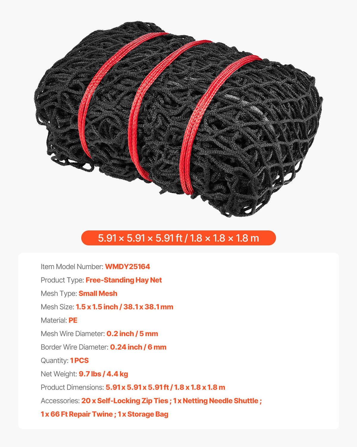 Round Bale Hay Net, 1.8 x 1.8 x 1.8 m, 38.1 x 38.1 mm Holes, PE Material, Knotless Design, with Zip Ties, Needle Shuttle, Repair Twine and Storage Bag, Slow Feeder Round Bale Net for Horses