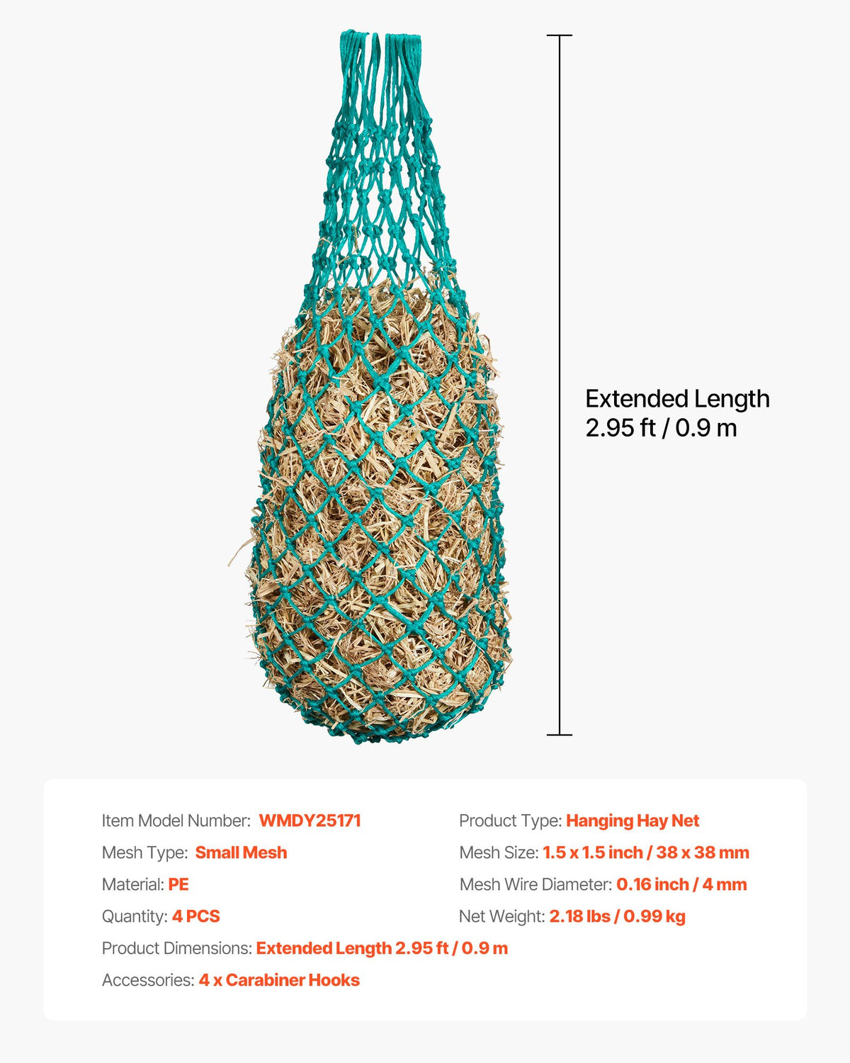 Hay Nets for Horses, 4PCS, 0.9 m Extended Length, 38 x 38 mm Holes, PE Material, with Four Carabiner Hooks, Hanging Slow Feed Hay Nets for Horses, Sheep, Cattle, Alpacas, and Livestock
