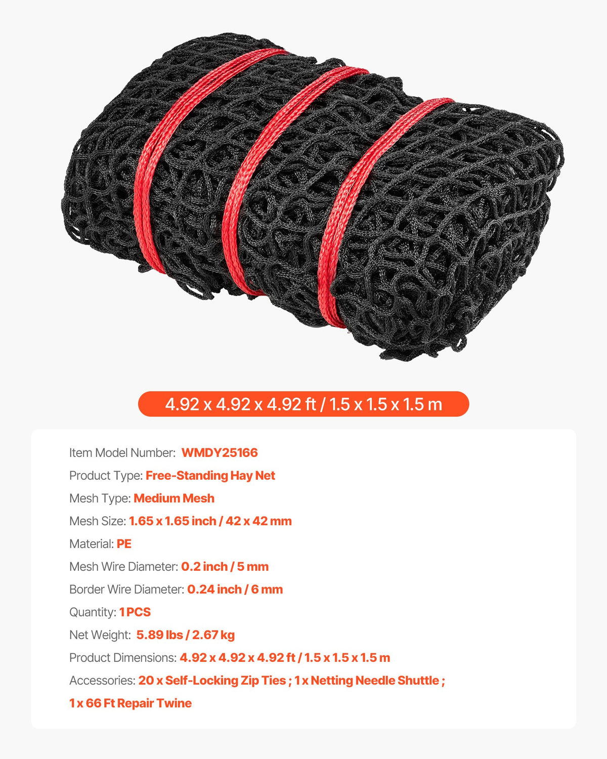 Round Bale Hay Net, 1.5 x 1.5 x 1.5 m, 42 x 42 mm Holes, PE Material, Knotless Design, with Self-Locking Zip Ties, Needle Shuttle, and Repair Twine, Slow Feeder Round Bale Net for Horses