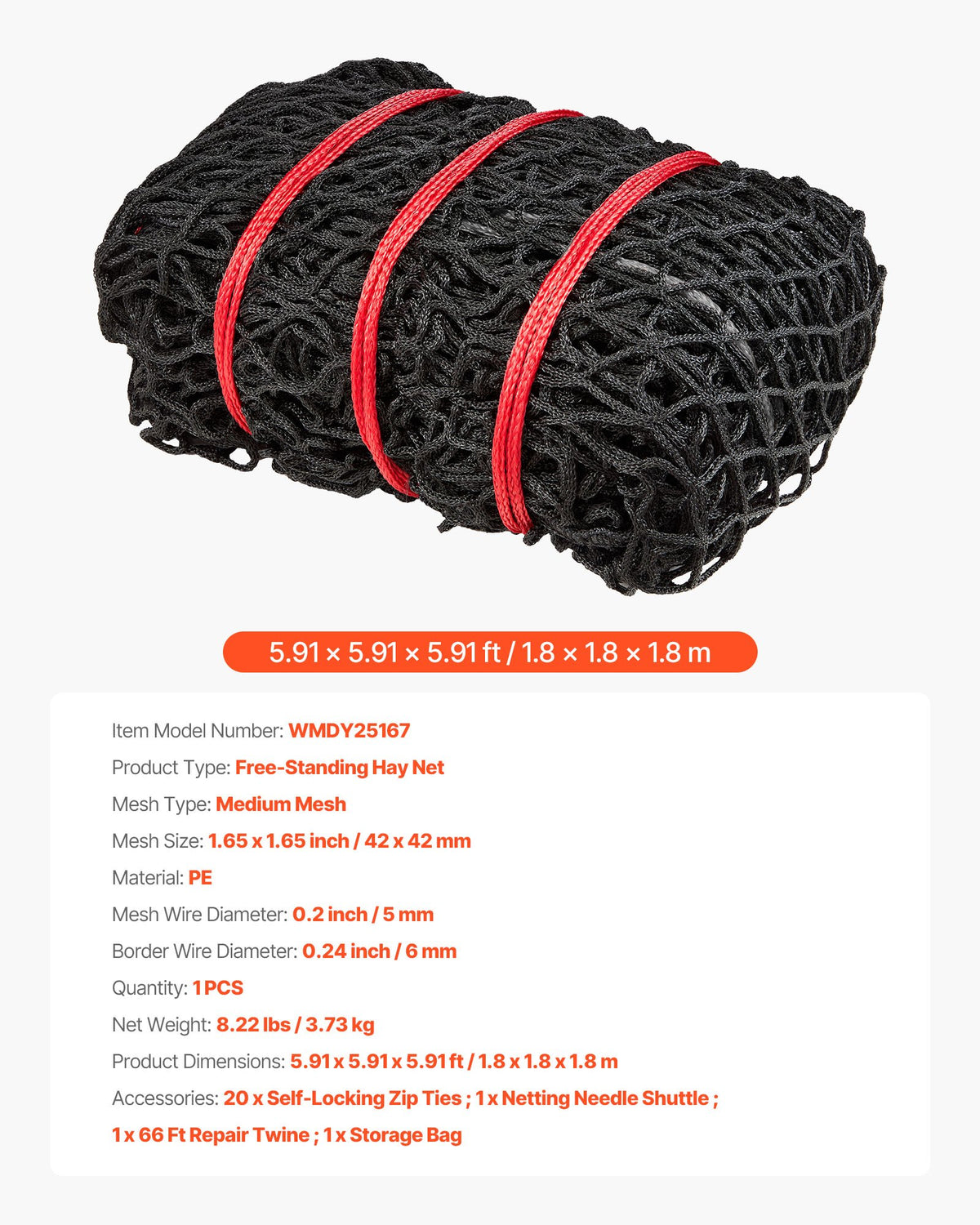 Round Bale Hay Net, 1.8 x 1.8 x 1.8 m, 42 x 42 mm Holes, PE Material, Knotless Design, with Zip Ties, Needle Shuttle, Repair Twine and Storage Bag, Slow Feeder Round Bale Net for Horses