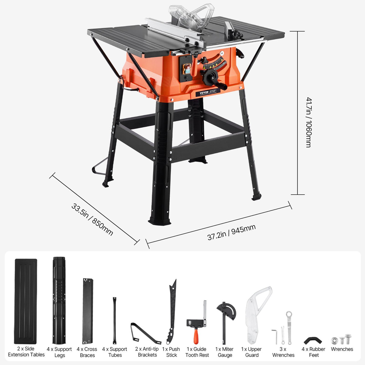Bordsåg med stativ, 254 mm, 1800 W bärbar kompakt bordsåg, 200 mm max. klyvkapacitet, 4800 varv/min skärhastighet, med 24 tänder sågblad, glidande geringsmått, för träbearbetning och möbeltillverkning