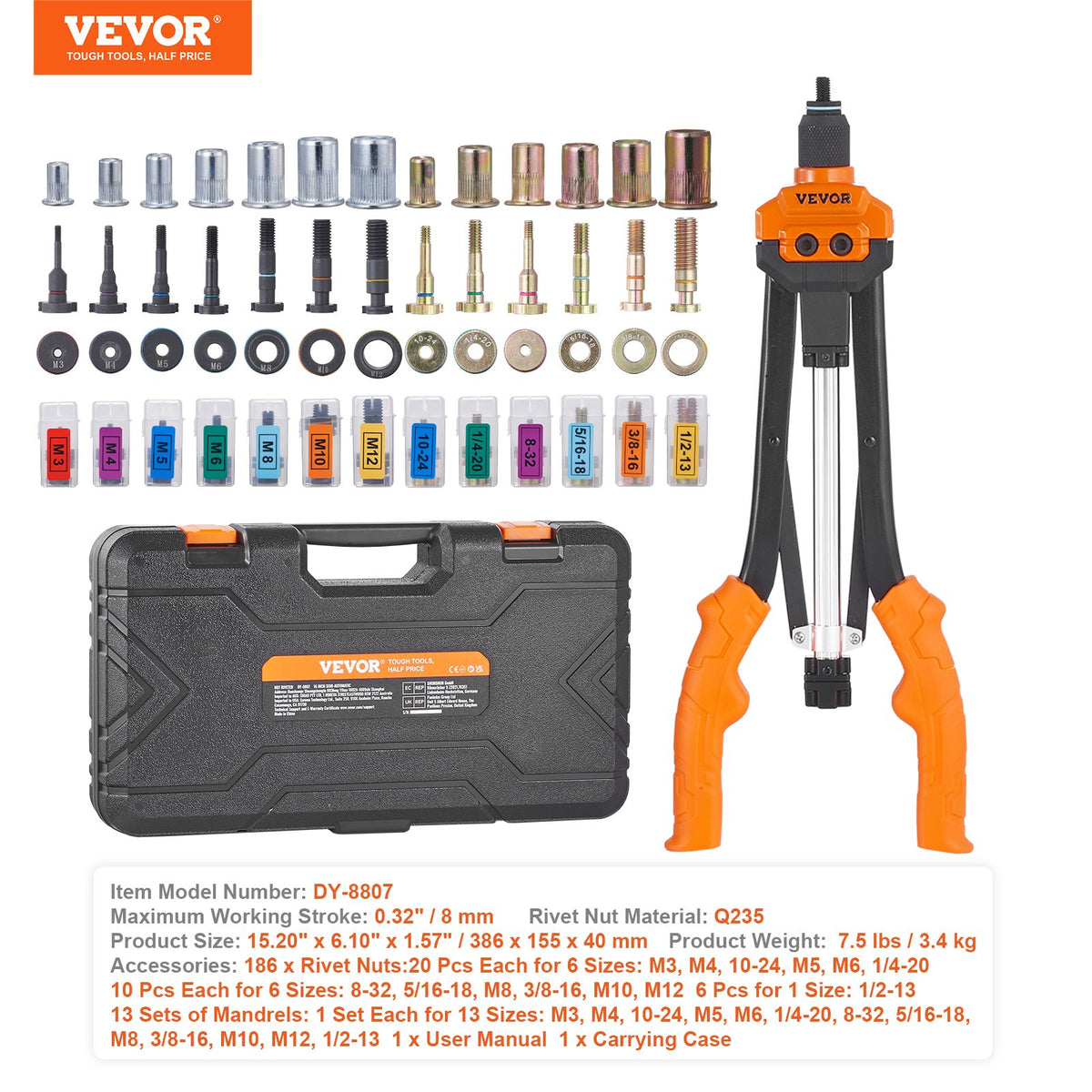 Rivet Nut Tool, 40.6cm Rivnut Tool Kit with 13PCS Metric and SAE Mandrels, 186PCS Rivet Nuts, M3, M4, 10-24, M5, M6, 1/4-20, 8-32, 5/16-18, M8, 3/8-16, M10, M12, 1/2-13, Semi-auto Retraction