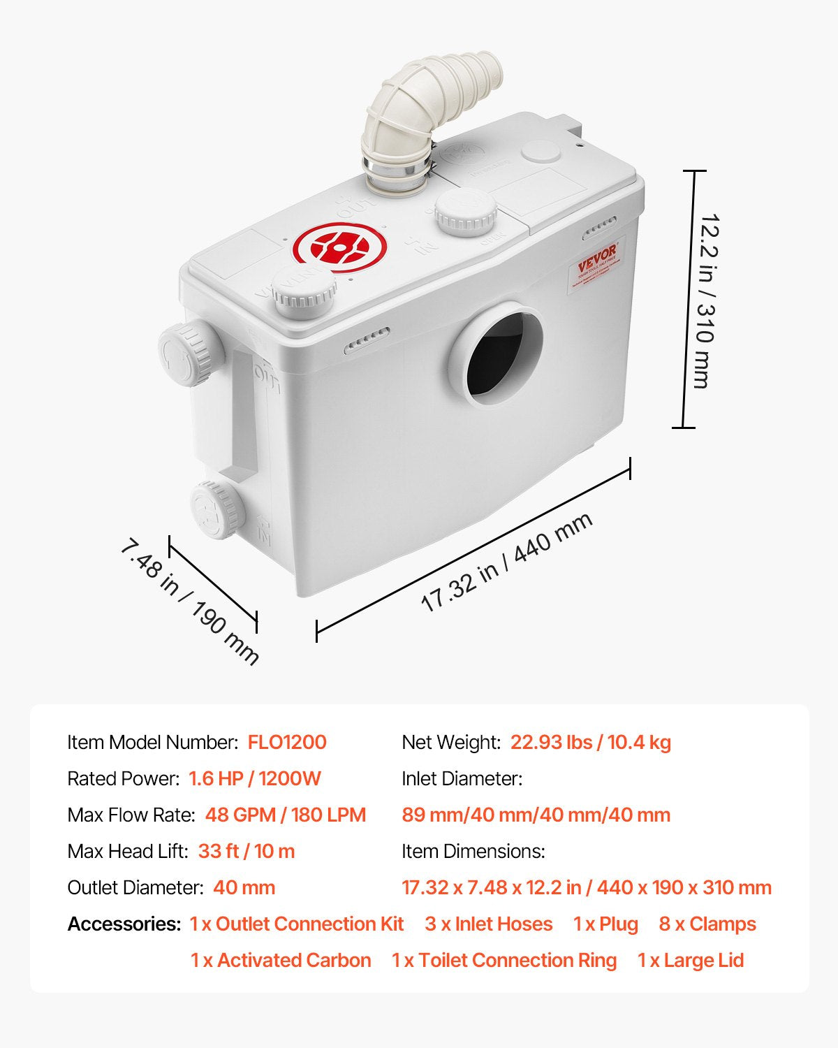Maceratorpump, 1200 W, 180 l/min (48 gpm) flöde, 10 m tryck, macerator avloppstoalettpump med 4 vatteninlopp, uppspolningsmaskin för avloppsvattenhantering, toalett, källare, dusch, handfat, tvättstuga, badkar