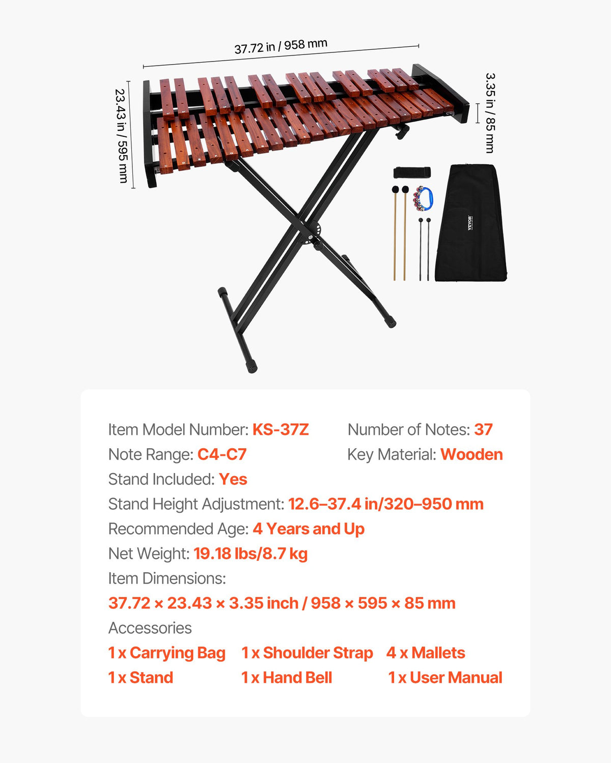 Klockspelsxylofon, 37 toner, professionellt xylofonslagverksinstrument i trä, med höjdjusterbart stativ, 4 klubbor, bärväska, musikinstrumentkit för nybörjare för vuxna och barn