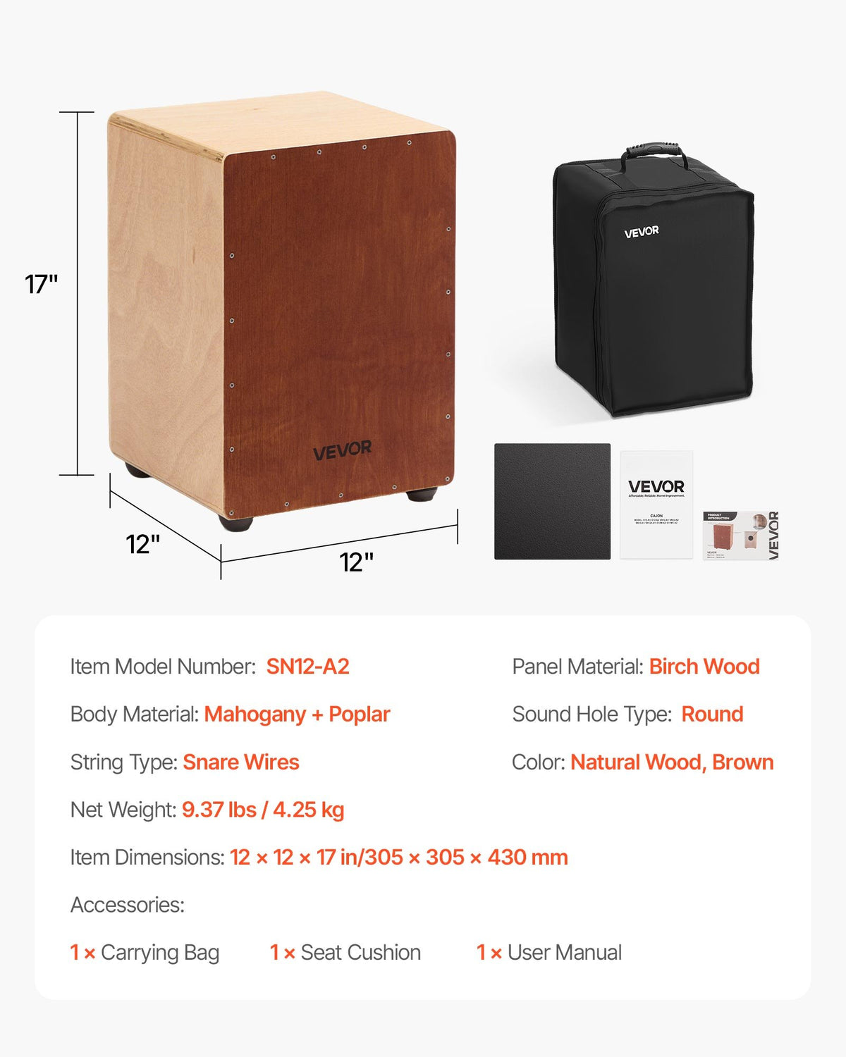 Cajon Box Drum, with Internal Snare Wires, Lightweight Wooden Percussion Box, Portable Birch Wood Drum Musical Instrument with Travel Bag, for Beginners and Professionals, 305 x 305 x 430 mm