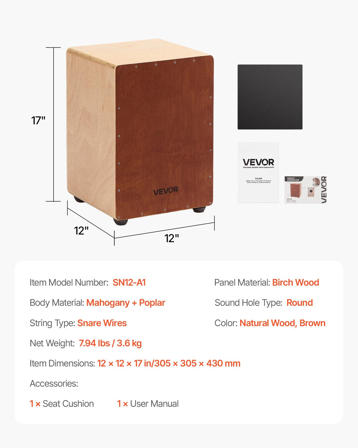 Cajon Box Drum, with Internal Snare Wires, Lightweight Wooden Percussion Box, Portable Birch Wood Drum Musical Instrument with Silicone Feet, for Beginners and Professionals, 305 x 305 x 430 mm