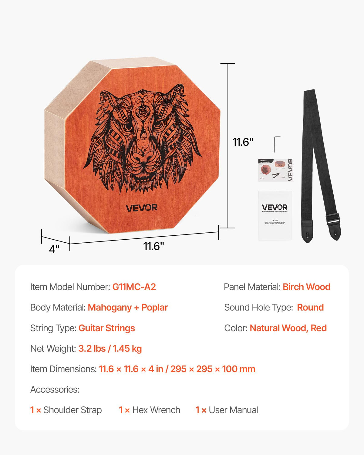 Unique Cajon Box Drum, with Internal Guitar Strings, Portable Wooden Percussion Box, Birch Wood Drum Musical Instrument with Adjustable Strap, for Beginners & Professionals, 295 x 295 x 100 mm