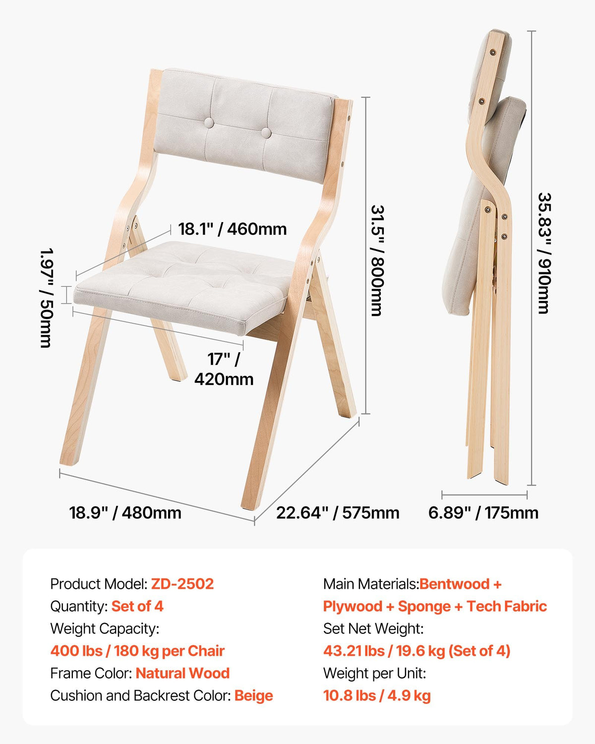 Hopfällbara trästolar med dyna, set om 4, bärbar hopfällbar dyna med träram, modern stoppad matstol för kök, kontor, bröllop, fest, matsal, enkel montering, beige