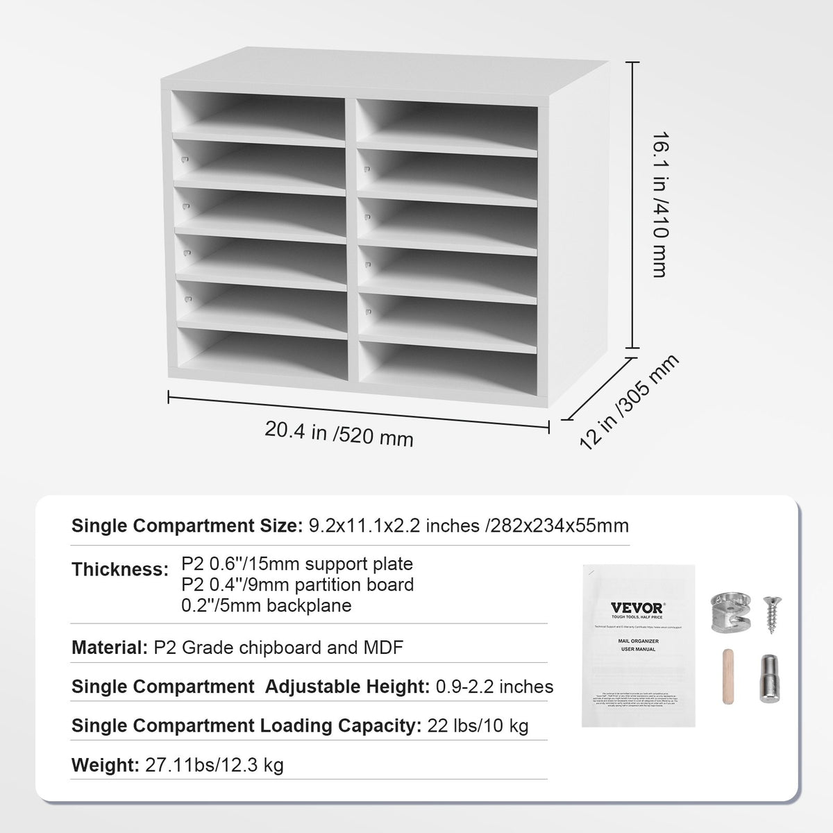Literature Organizers, 12 Compartments Office Mailbox with Adjustable Shelves, Wood Literature Sorter 51.8 x 30.5 x 40.9 cm for Office, Home, Classroom, Mailrooms Organization, EPA Certified White
