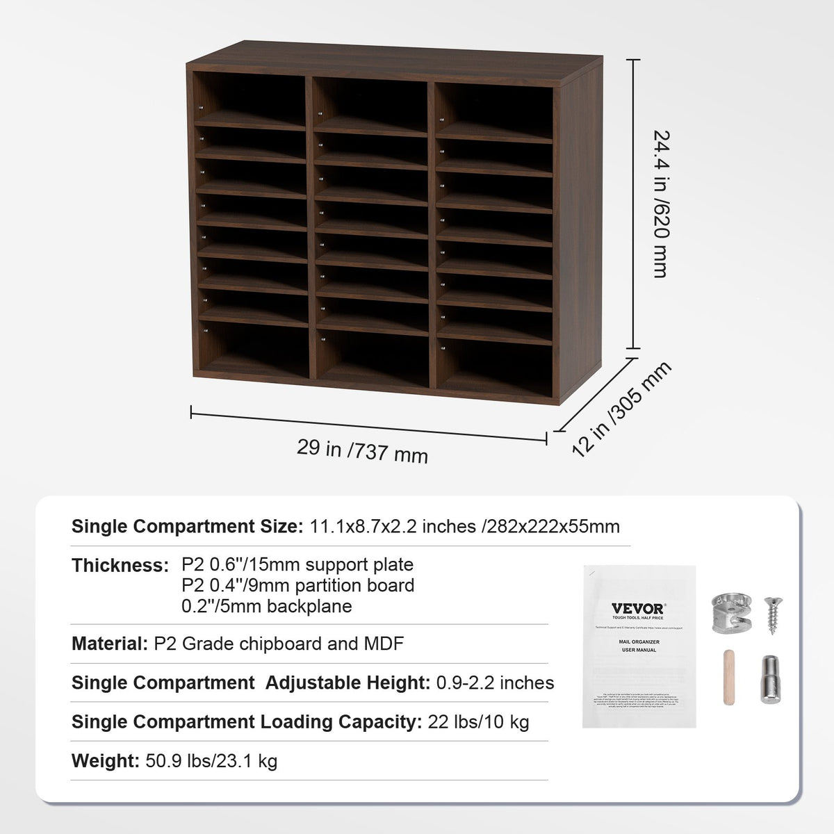 Literature Organizers, 24 Compartments Office Mailbox with Adjustable Shelves, Wood Literature Sorter 73.7 x 30.5 x 62.0 cm for Office, Home, Classroom, Mailrooms Organization, EPA Certified, Brown