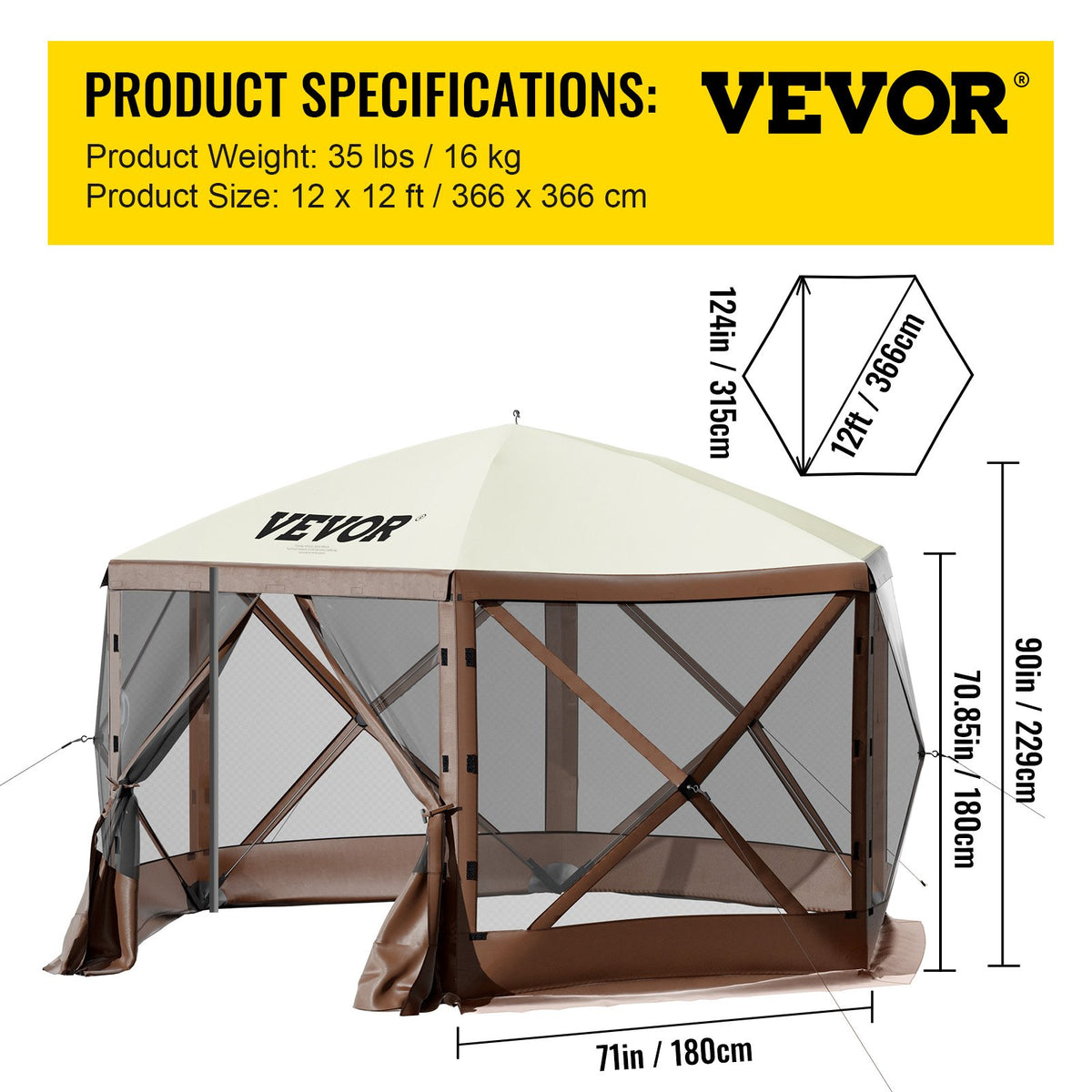 Paviljongtält, 12 x 12 fot, 6-sidigt uppfällbart campingtält med nätfönster, bärbar bärväska, markpinnar, stora skuggtält för utomhuscamping, gräsmatta och bakgård