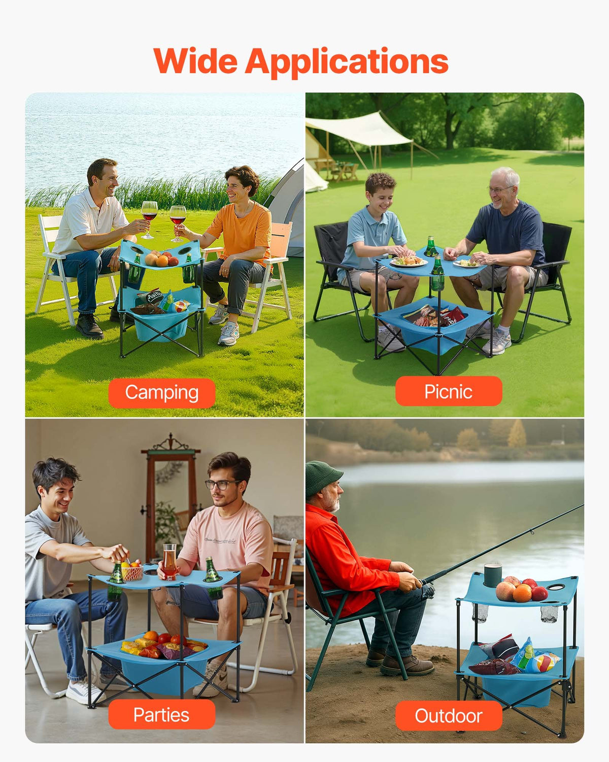 Hopfällbart campingbord, bärbart och lätt picknickbord för utomhusbruk, vattentätt kanvasbord i 600D Oxford-tyg, med 4 mugghållare, bärväska, för tailgating-campingpicknick, blå
