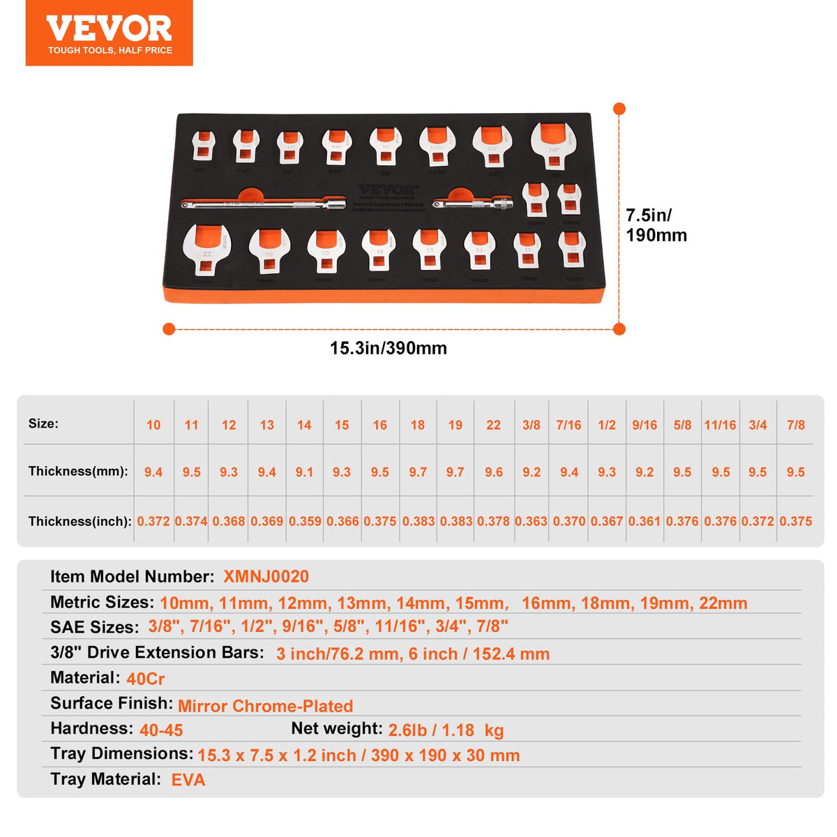 Crowfoot-nyckelsats, 3/8"-fäste, 20-delars Crows Foot-nyckelsats med 2 förlängningsstänger och EVA-verktygshållare, SAE 3/8"-7/8" och metrisk 10-22 mm, 40CR-material med spegelblank kromfinish