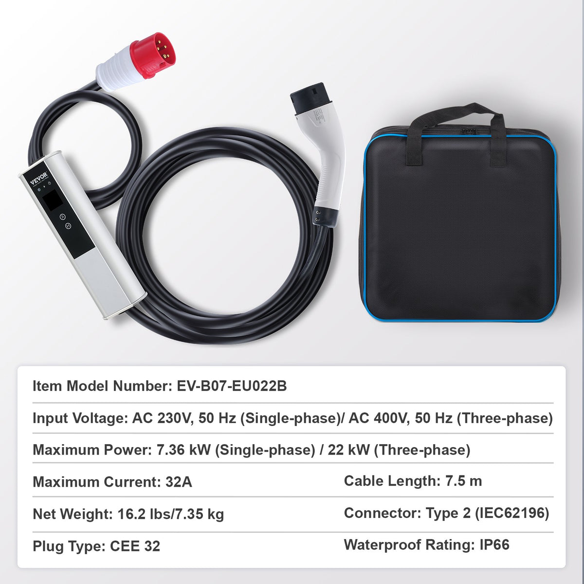Bärbar elbilsladdare typ 2, 32A 7,36 kW/22 kW, elbilsladdare med 7,5 m laddningskabel CEE 32-kontakt LCD, IEC 62196 laddstation för elbilar med bärväska och laddningskabelkrok, IP66
