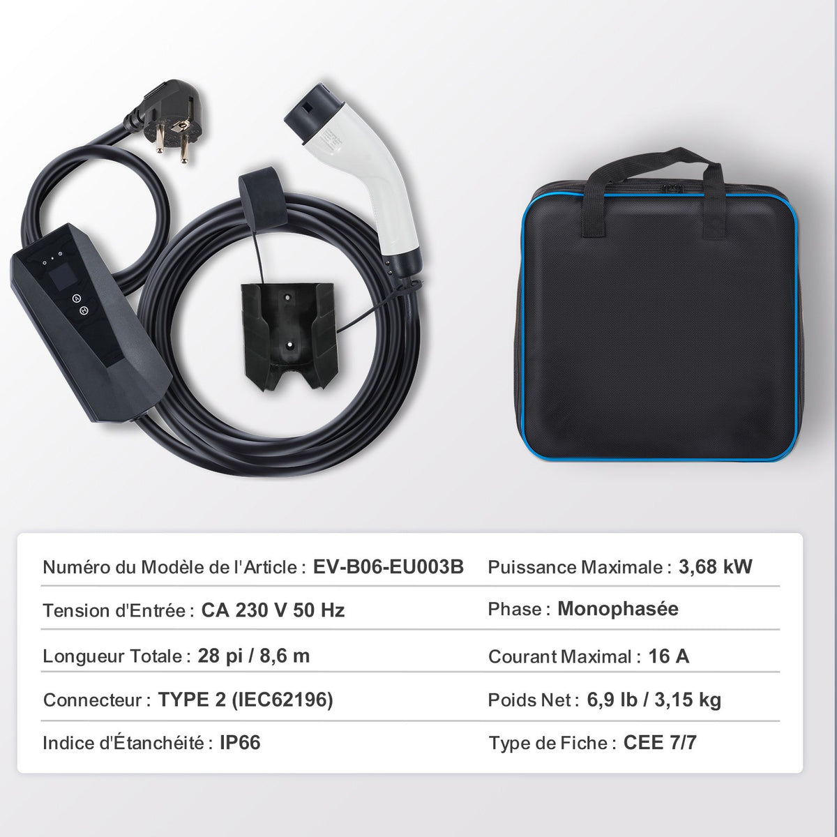Portable EV Charger Type 2, 16A 3.7 kW, Electric Vehicle Car Charger with 8.6 m Charging Cable CEE 7/7 Plug LCD Screen, IEC 62196 Home EV Charging Station with Carry Bag Charging Cable Hook, IP66
