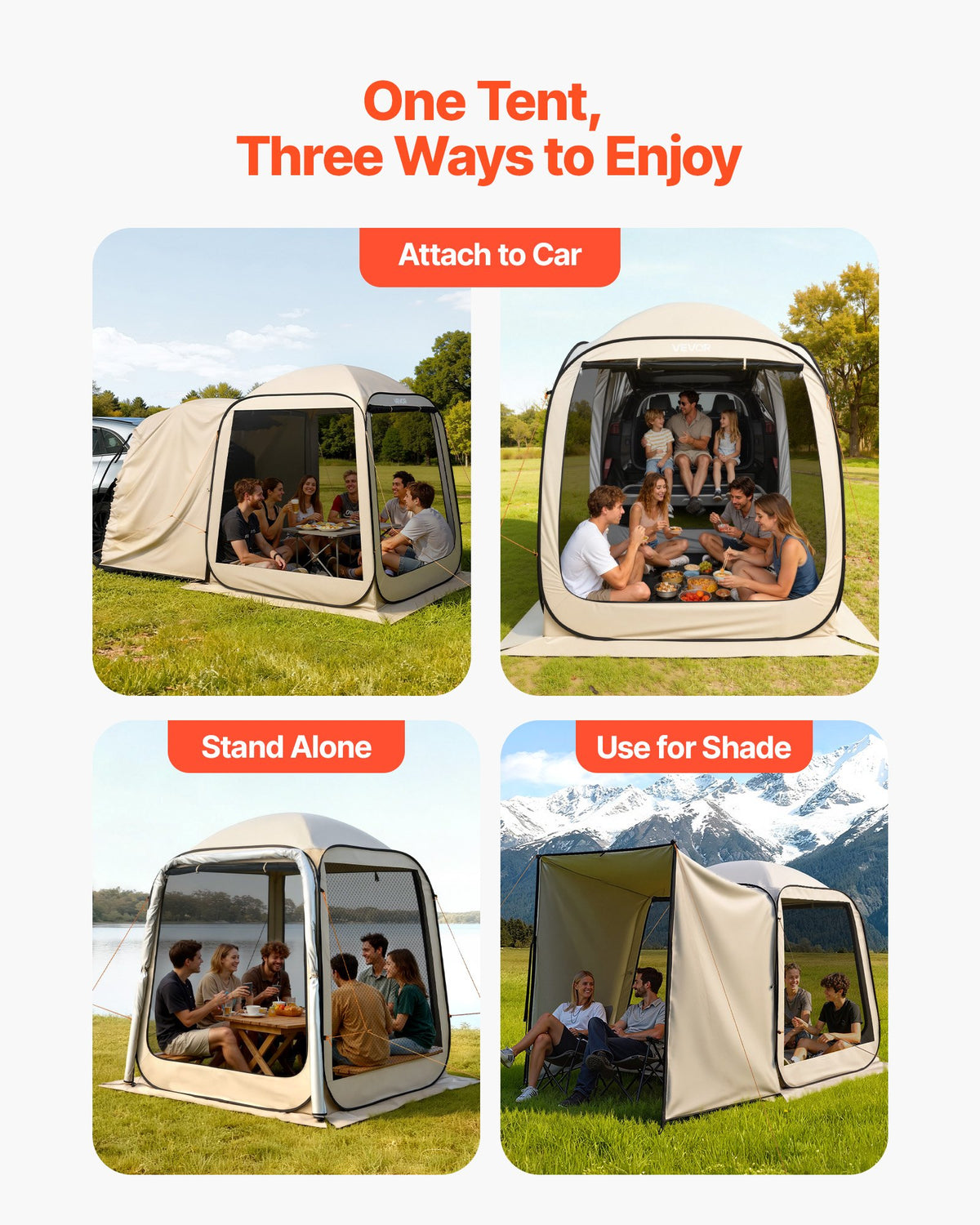 Screen House Tent, 1825 x 1825 x 2200 mm, 4-6 Person Pop Up SUV Tailgate Tent, Portable Screened in Canopy with Carry Bag, Netting Sides, for Car Camping, Garden, Outdoor Activities, Beige