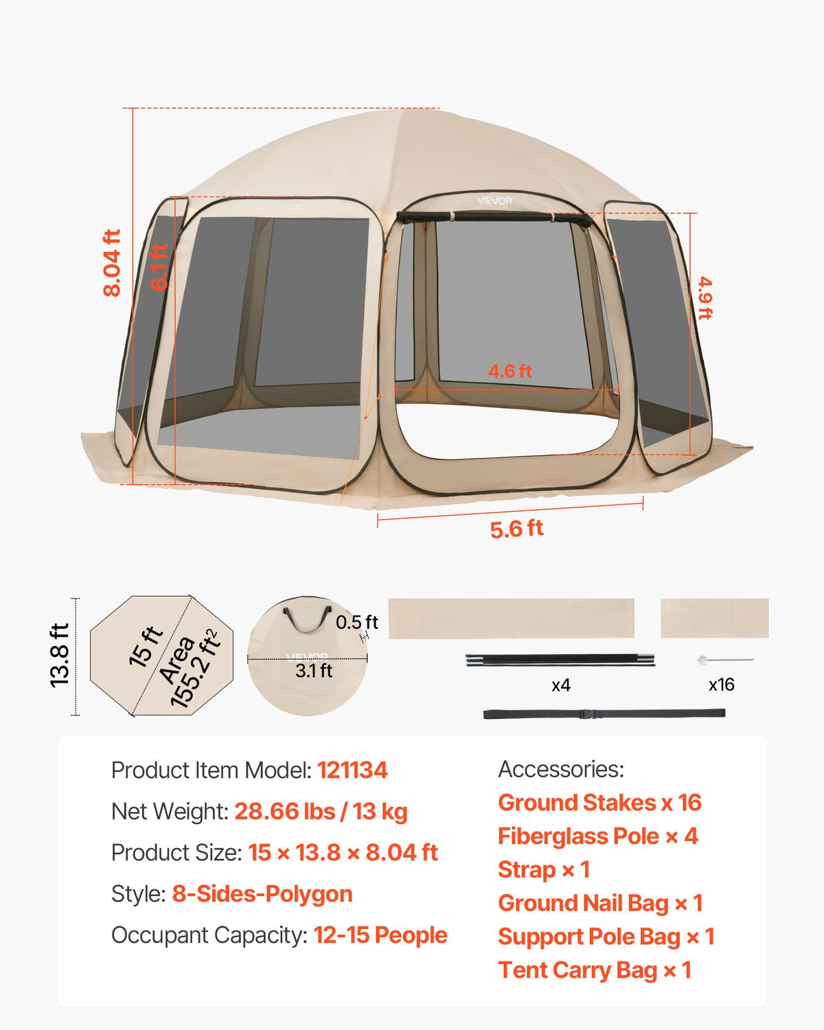 Screen House Tent, 4500 x 4250 x 2450 mm, 12-15 Person Pop Up Screen Tent, Portable Screened in Canopy with Carry Bag, Netting Sides, Ground Stakes, for Garden, Patio, Outdoor Activities, Beige