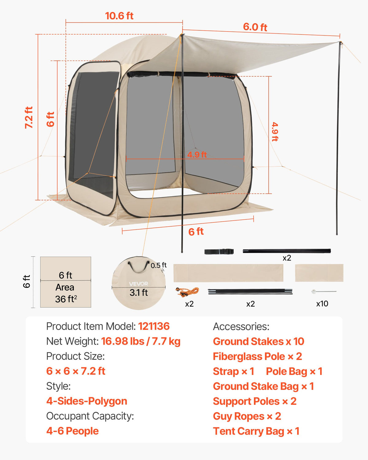 Screen House Tent, 1825 x 1825 x 2200 mm, 4-6 Person Pop Up Screen Tent with Extended Awning, Portable Screened in Canopy with Carry Bag, Netting Sides, for Patio, and Outdoor Activities, Beige