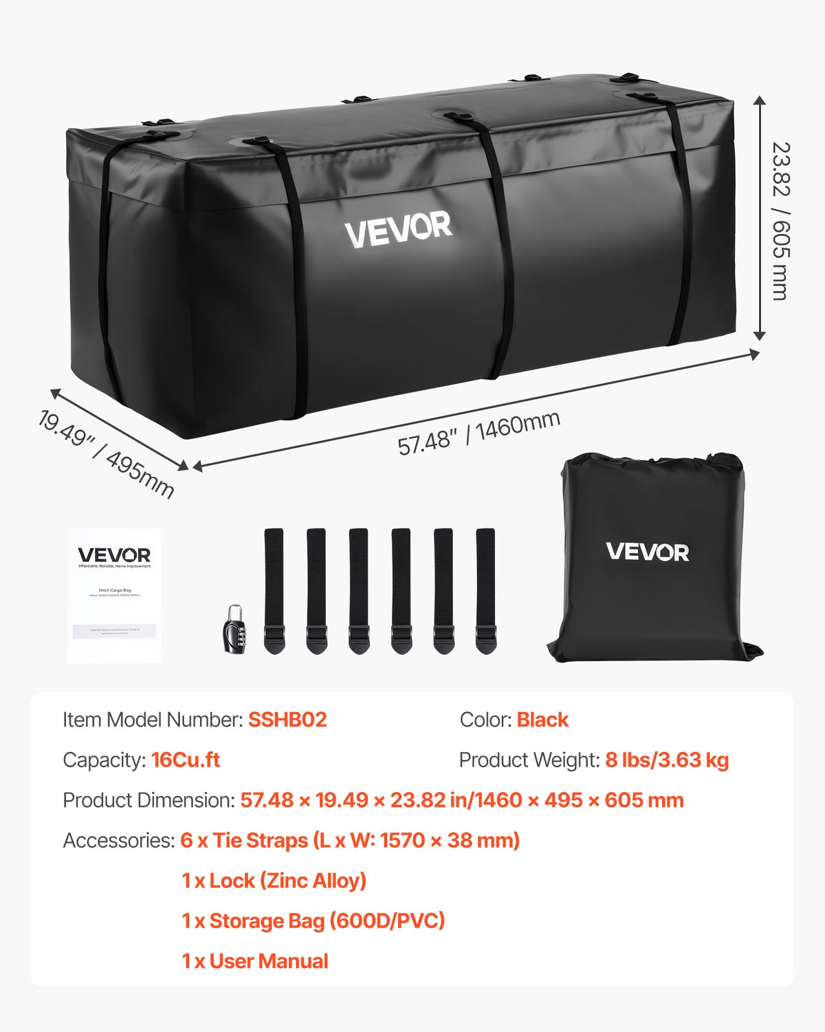 Bärväska för dragkrok, vattentät 840D PVC, 57,48 x 19,49 x 23,82 tum (16 kubikfot), kraftig lastväska för förvaring av lastbilsflak med förstärkta remmar, lämplig för bil, SUV, skåpbil, dragkrokskorg