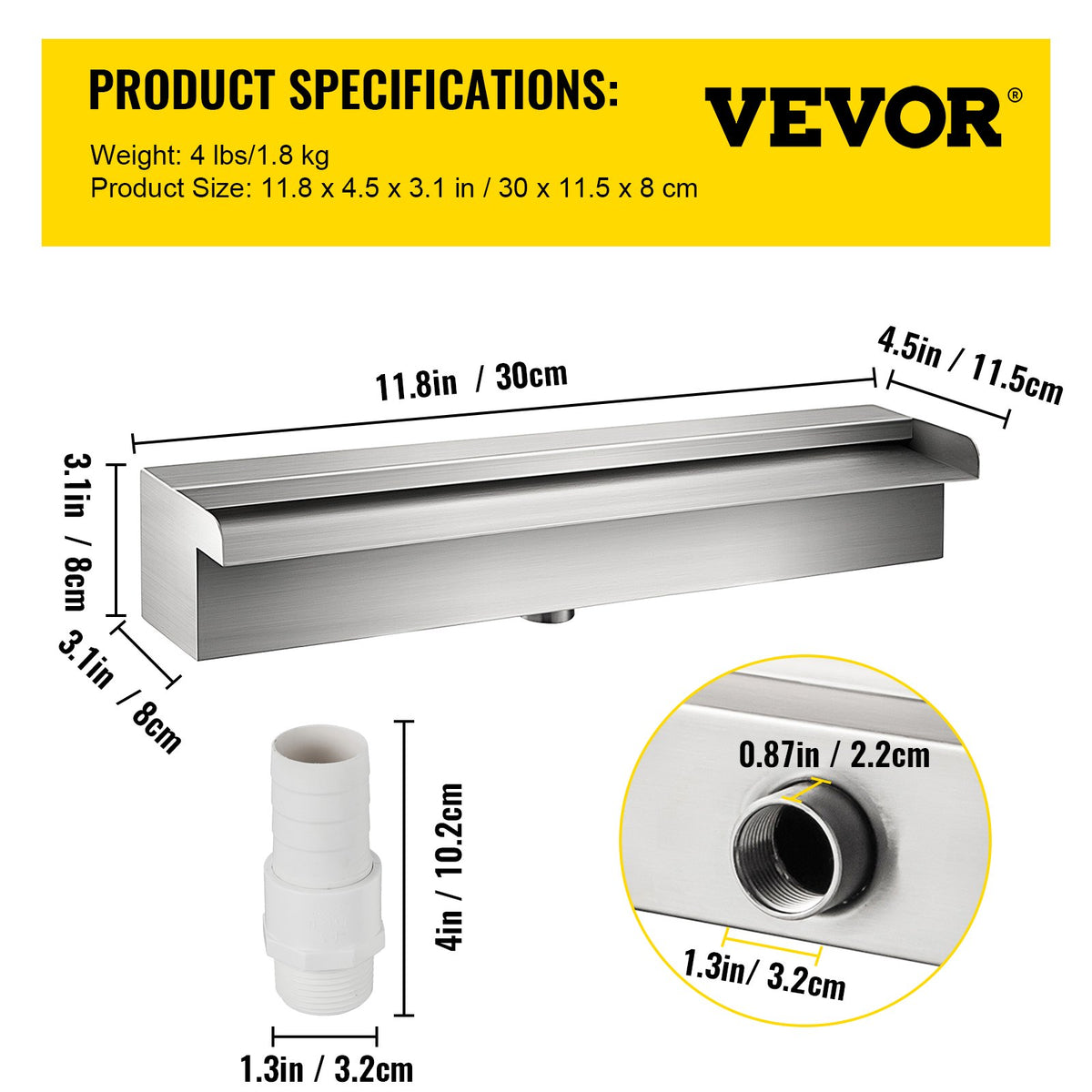 30 cm x 11,4 cm x 7,9 cm Dekorativ vattenfallsfontän i rostfritt stål för trädgårdsdamm inomhus och utomhus