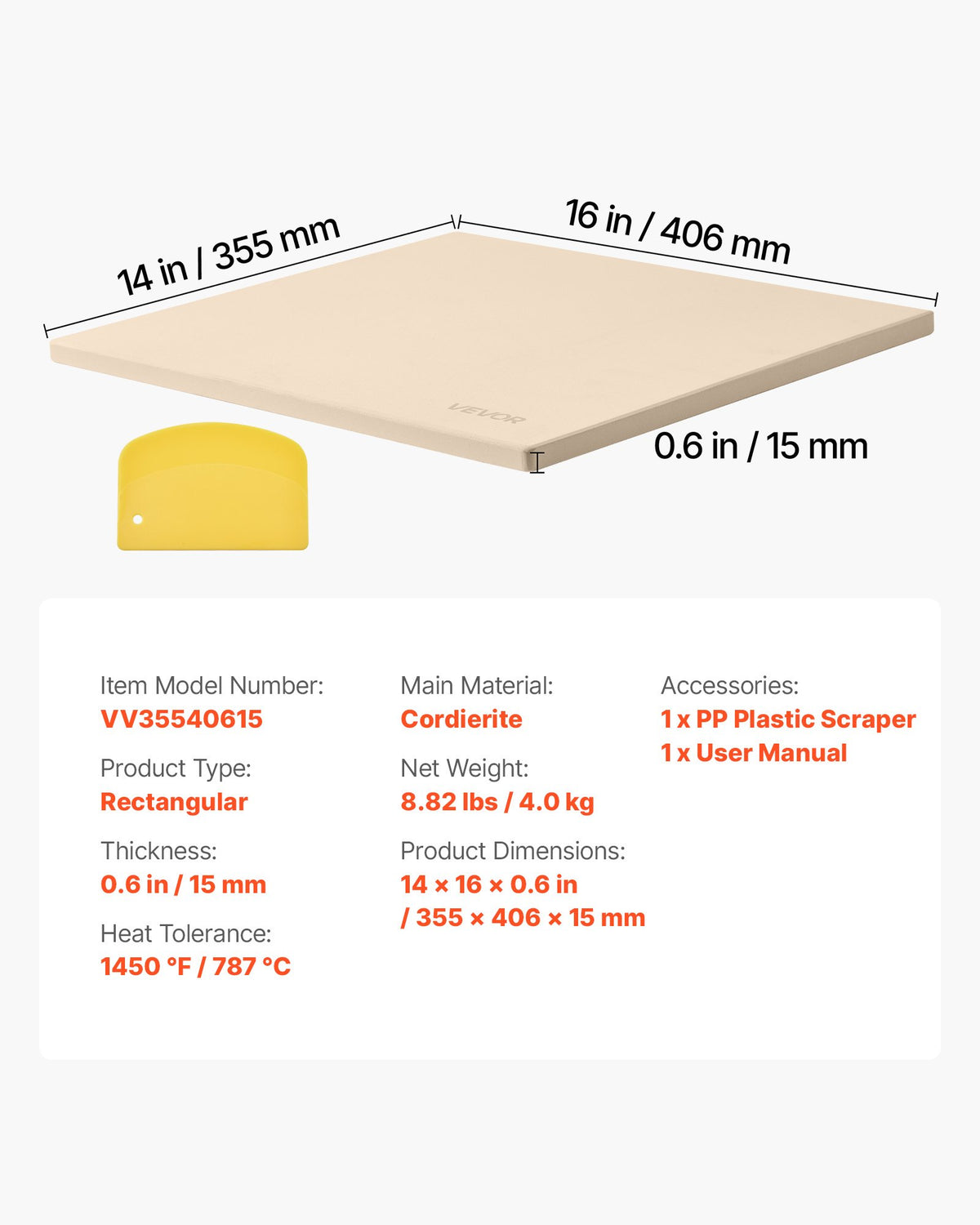 Pizzasten, 406 x 355 mm rektangulär pizzasten i kordierit, extra stor baksten med skrapa, 15 mm tjock värmebeständig kordierit, för köksugn, bakning av bröd och pizzor, grillning